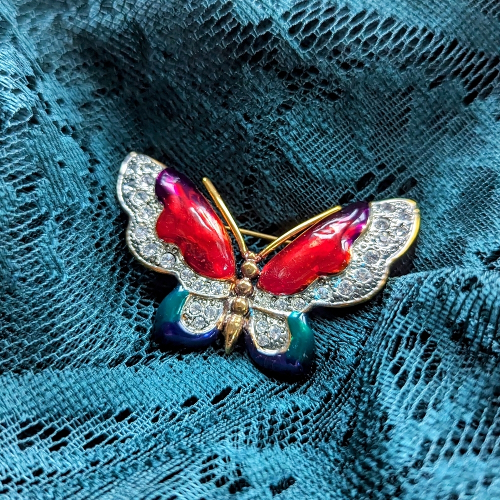 Vintage Rainbow Butterfly Brooch‎ / Pin With Rhinestones